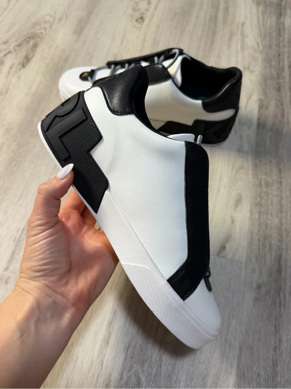 Karl Lagerfeld White and Black Sneakers with Gold and Pearl Cat Emblem